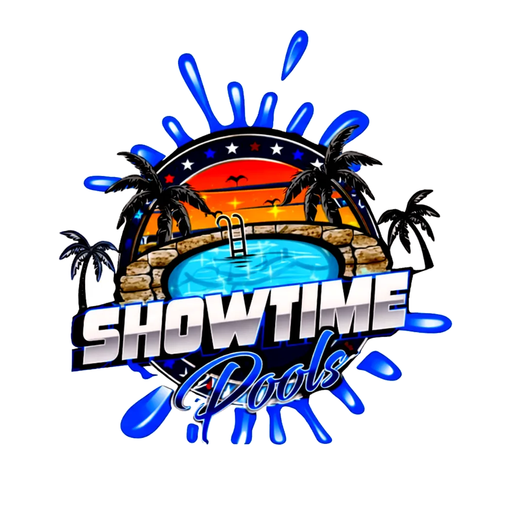 Showtime Pools logo featuring a swimming pool, palm trees, and a sunset backdrop, emphasizing pool service and maintenance.