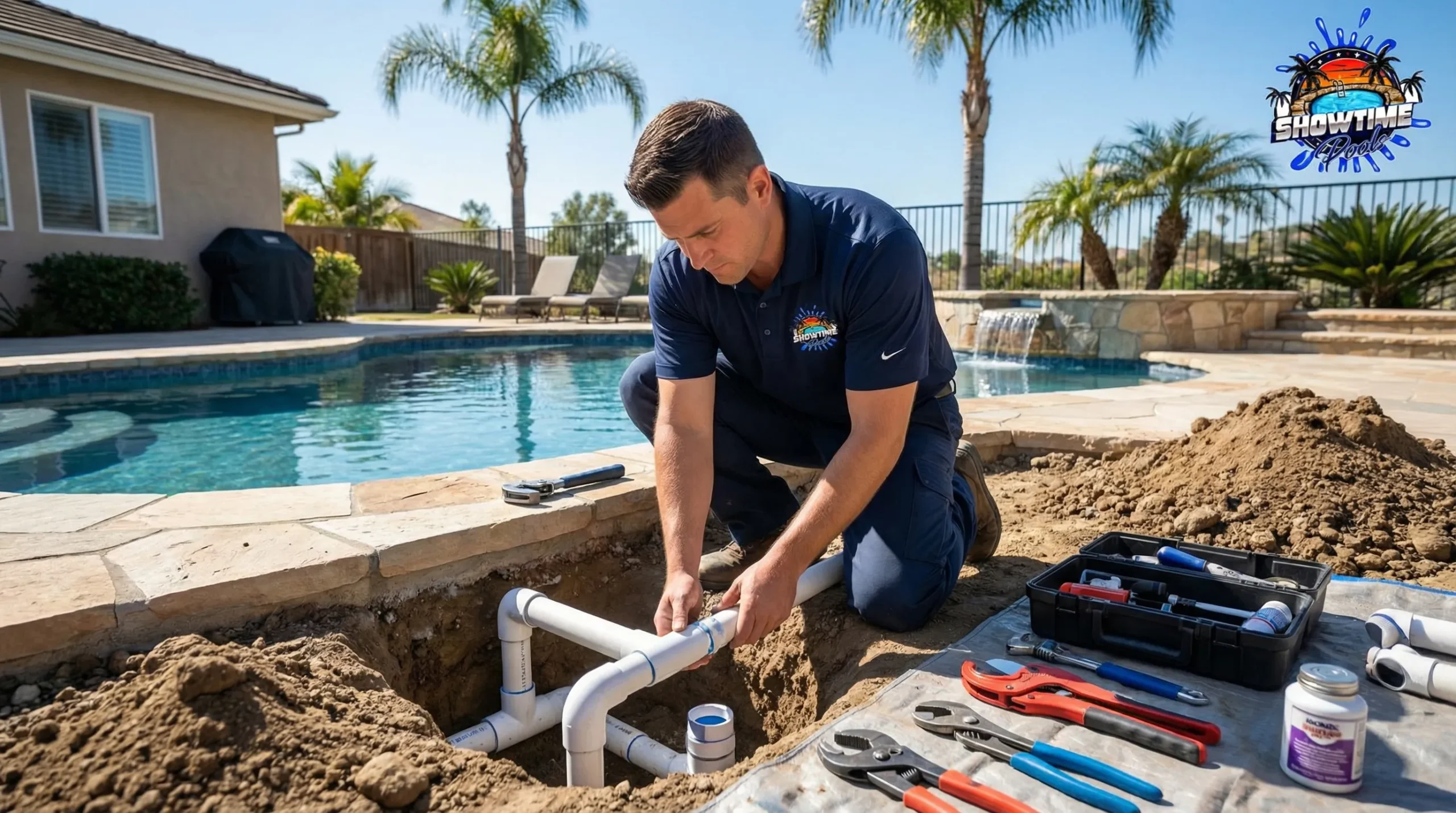 professional maintaining a newly remodeled pool showcasing cleaning equipment and clear water