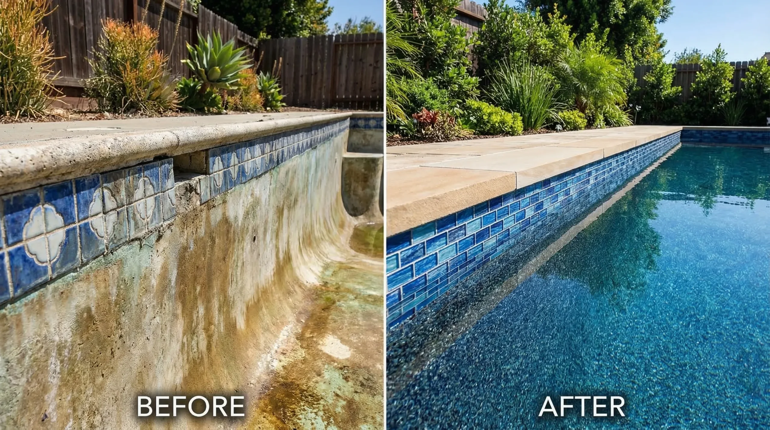 close-up view of pool renovation materials showcasing pebble, quartz, and modern design finishes